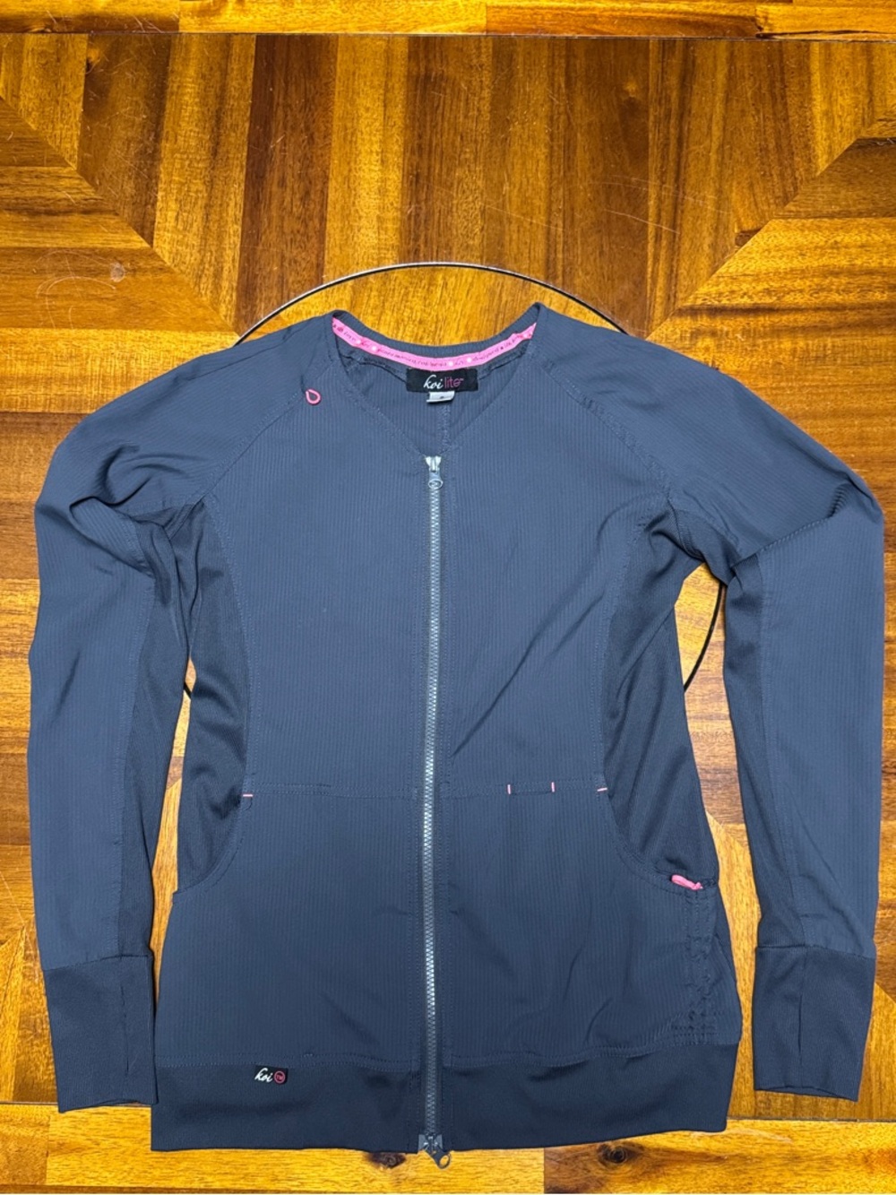 Koi lite grey Zip-Front Medical Jacket with Pink Trim